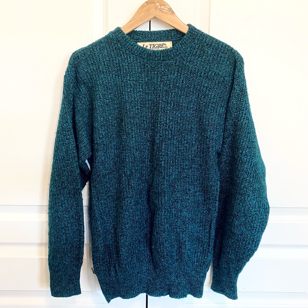 Vintage Le Tigre Knit Crew Sweater Made In USA Long Sleeve Mens Small Green Teal
